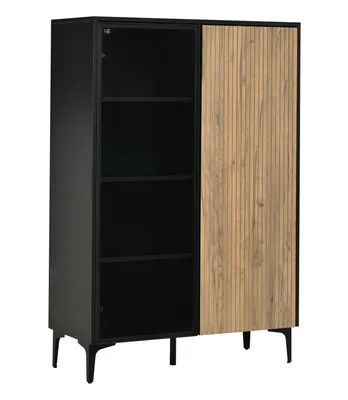 Immagine prodotto di MODFU: Vetrina in vetro con illuminazione RGB, moderna vetrina espositiva con ante in vetro e legno e 8 scomparti, mobile alto 90x40x135 cm, mobile contenitore per soggiorno, colore nero