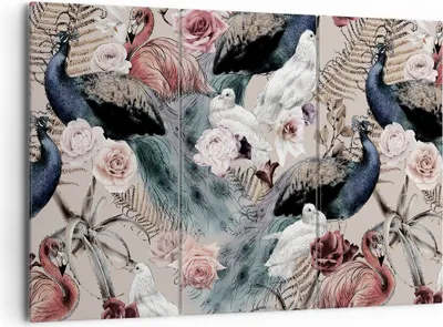 Produktbild von Bild auf Leinwand - Leinwandbild - 3 Teile - Pfauen Squab Flamingos - 165x110cm - Wand Bild - Wanddeko - Wandbilder - Leinwanddruck - Bilder - Wanddekoration - Leinwand bilder - CE165x110-4890