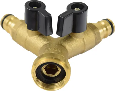 Produktbild von Agora-Tec®  Messing Stecksystem Y - Verteiler mit 2 Kugelhähnen 1 x 3/4 Zoll IG auf 2 x Stecksystem