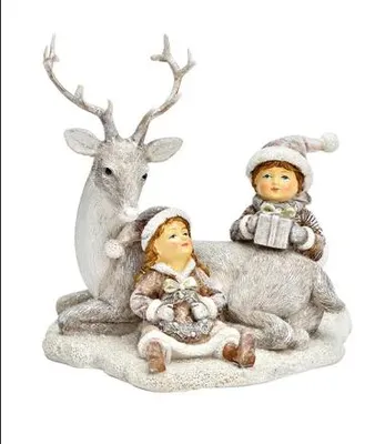 Productafbeelding van Kerstdecoratie van polyresin: een hertenfiguur met kinderen. Kleur: goud