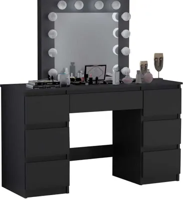 A black vanity table with a mirror and lights, decorated with makeup and accessories.