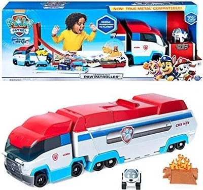 A product image showing the packaging of a Paw Patrol transporter toy and the toy itself.