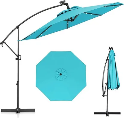 Produktbild von 300cm Patio Solar-LED-Offset-Sonnenschirm, Outdoor Ampelschirm mit 32 Leuchtperlen, Kurbel für Neigungsverstellung, 360°-Rotation, Kreuzfuß, Türkis
