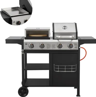 A multi-functional gas grill with a pizza oven and griddle attachment, shown on a white background.