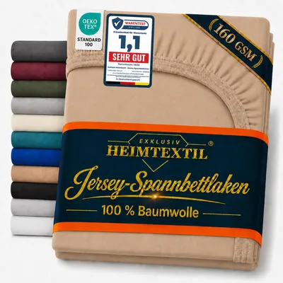 Produktbild von EXKLUSIV HEIMTEXTIL Jersey Spannbettlaken Deluxe 200 x 220 cm Sand 160 GSM, 100% Baumwolle   Bed-Sheet Bettlaken Spannbetttuch Topper Leinentuch