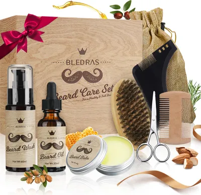 Produktbild von Bledras Bart Care Set für Männer, 9 in 1 Bart Care Geschenkset mit Bart Shampoo, Bartöl, Bartbalsam, Bartkamm, Bartschere, Bartschablonen, Bartset, Geschenke für Männer, Weihnachten
