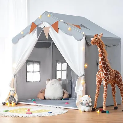 Produktbild von Kinderzelt Indoor Groß - Extra große Spielzelt- Grau | Gemütliche Kuschelecke mit einer gepolsterten Matte, Lichtern und dekorativen Wimpeln