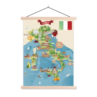 Produktbild von MuchoWow® Textilposter Karte - Italien - Illustration 40x53 cm mit holzfarbenen Rahmen - Schlafzimmer