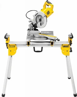 A miter saw and stand are shown against a white background.