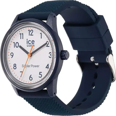 A close-up studio shot of a blue Ice-Watch with a white face.