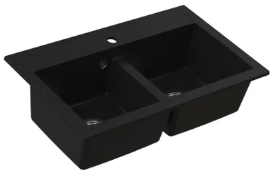 Produktbild von HOMEVELLO Spülbecken DOUBLE Doppelbecken Granitspüle 75x44,5x20cm Schwarz, Küchenspüle mit Siphon Manuell, Pflegeleicht, Kratzfest