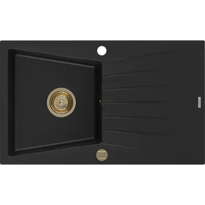 Zdjęcie produktu dla Mexen Cesar zlewozmywak granitowy 1-komorowy z ociekaczem 775 x 470 mm, czarny, syfon złoty - 6514771010-77-G