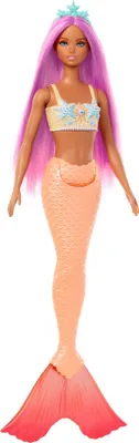 Produktbild von Mattel Barbie Meerjungfrau-Puppe mit pinkfarbenem Haar, weicher orangefarbener Schwanzflosse und Haarband