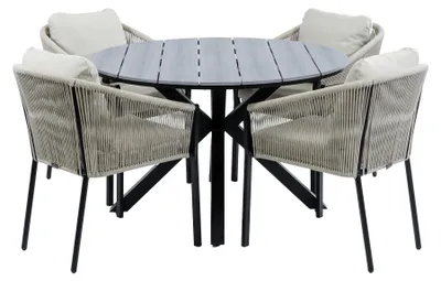 Produktbild von 5-teiliges rundes Gartenset | 4 Elvira Gartenstühle (Schwarz) | Gartentisch Limasol ø120cm (Grau)