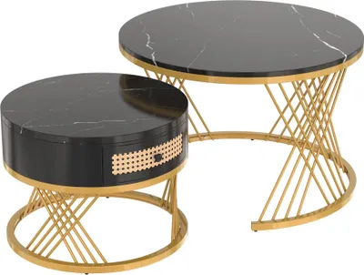 Obrázek produktu pro Tiema sada 2 konferenčních stolků odkládací stolek v mramorovém vzhledu s policí kulatý Ø70 x 46 cm a Ø50 x 49 cm stolek do obývacího pokoje rozkládací stolek mramorový vzor dřevěný rám stolu z kovu černý