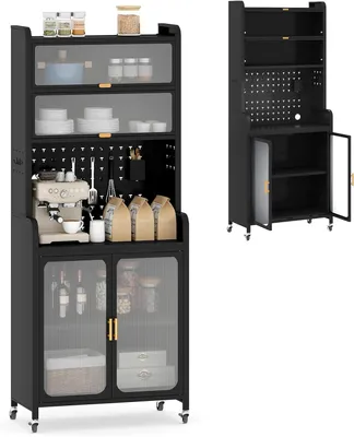 Produktbild von KOMFOTTEU 6 Ebenen Küchenschrank mit 4 abnehmbaren Rollen, Buffetschrank mit Lochplatte, Klapptüren und verstellbarem Regal, Küchenbuffet Aufbewahrungsschrank aus Metall