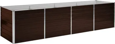 A long, rectangular raised garden bed with a dark brown wood-grain finish and silver metal trim.