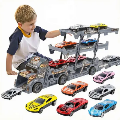 Produktbild von LKW Transporter Autotransporter mit Abschussrampe Rennwagen Set Spielzeug Kinder