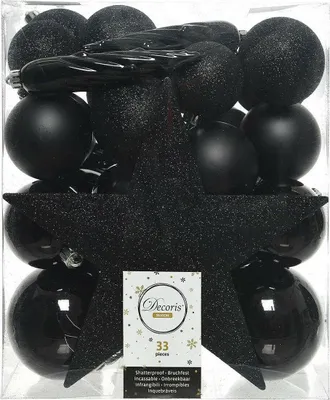 Produktbild von Weihnachtskugeln mit Christbaumstern Kunststoff 33er Set - Schwarz