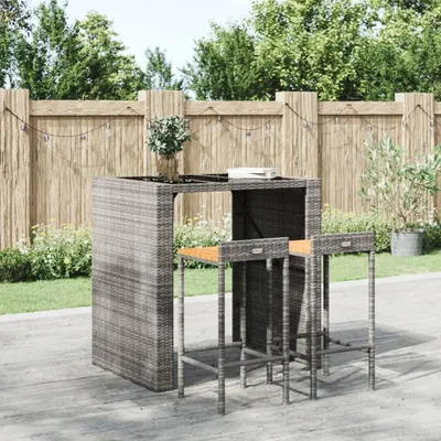 Immagine prodotto di Sgabello da bar 2 pz. Poli rattan grigio e legno massiccio di acacia