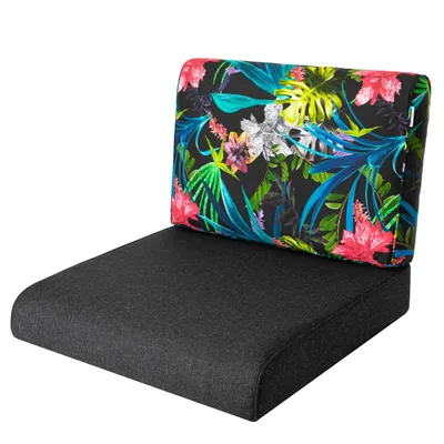 Produktbild von Bjird Sesselkissen, Kissen für Rattanmöbel, Sitzkissen & Rückenkissen, Sitzkissen für Sessel / Stühle - Indoor & Outdoor - Anti-Rutsch - 50x50 cm, Schwarz + bunte Blätter