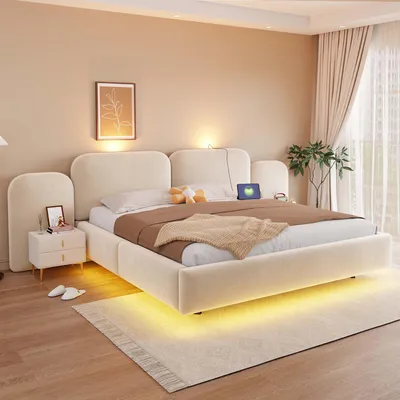 Productafbeelding van Zerbaco gestoffeerd bed, tweepersoonsbed, 180x200 cm, met bedopslag, hydraulisch, met LED-verlichting, met USB- en Type-C-poorten, gestoffeerd hoofdeinde, fluweelstof, beige