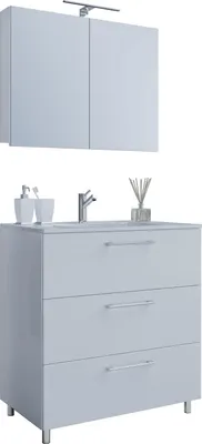 Image de 3 pcs. lavabo lavabo | meuble lavabo largeur 60 cm | ensemble de meubles de salle de bain debout avec trois tiroirs armoire miroir | Badinos