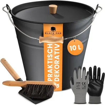 Produktbild von BLACK OAK Ascheeimer FUEGO 10L – Schwarz mit Deckel, Holzgriff, Feger, Schaufel & Handschuhen
