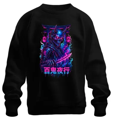 Productafbeelding van Hyakki Yagyo Cyber Samurai Oni Japan Y2K Synthwave Sweater, zwart, maat L
