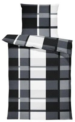 Produktbild von 4 teilig Bettwäsche 135x200 cm kariert gestreift schwarz grau modern Microfaser