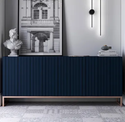 Obrázek produktu pro Komoda RTV Glamour 3D TV skříňka Moderní Nábytek Lindner 168cm x 36,5cm x 72 cm Barva: Námořnická modř Rám: měděná barva - kov