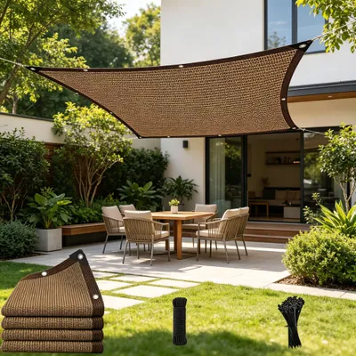Immagine prodotto di Tenda da sole rettangolare 3x5 m, rete ombreggiante con occhielli, colore caffè, rete traspirante con protezione solare al 95%, rete per serra, giardino, balcone e terrazza