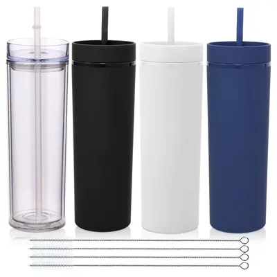 Produktbild von Set aus 4 Kunststoff-Trinkbechern mit Deckel und Strohhalm, 590 ml Fassungsvermögen