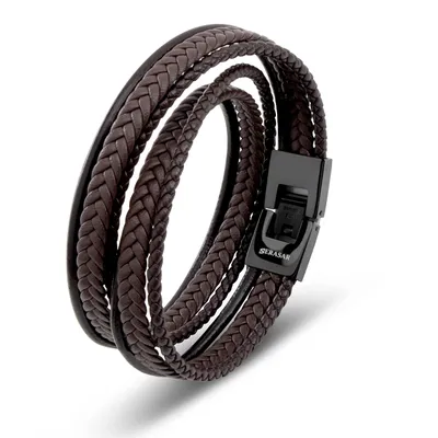 Obrázek produktu pro SERASAR | Pánský Prémiový Kožený Náramek [Wrap] z Stainless Steel | Barva: Hnědý | Délka: 46cm