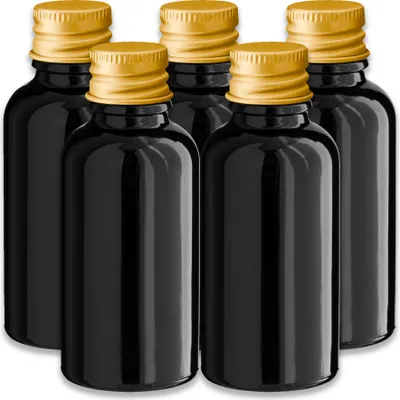 Produktbild von 5x Glasflasche schwarz 30 ml mit goldenem Schraubverschluss Kappe leer