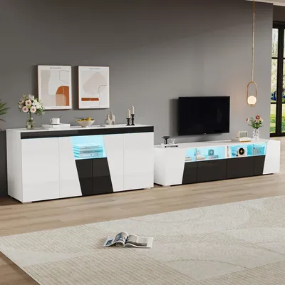 Produktbild von Merax TV-Schrank und Beistellschrank Kombination, Hochglanz Wohnzimmermöbel Set mit LED-Beleuchtung, TV Lowboard und Sideboard, Schwarz-Weiß