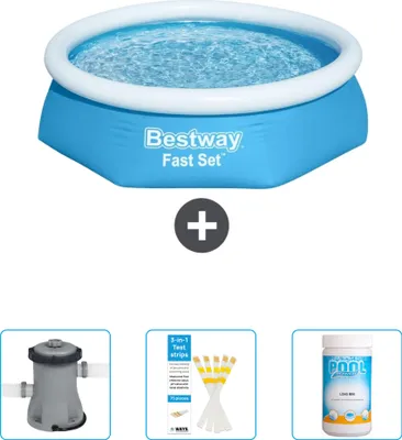 Produktbild von Bestway runder aufblasbarer Fast-Set-Pool – 244 x 61 cm – Blau – im Lieferumfang enthalten Pumpe - Teststreifen - Chlor