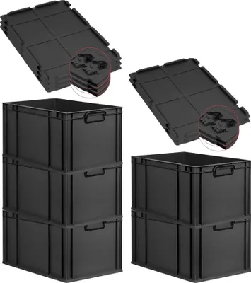 Produktbild von SuperSparSet 5x Eurobox NextGen Color mit Scharnierdeckel und Schiebeschnappverschlüssen | HxBxT 32x40x60cm | 65 Liter | Schwarz | Griffe schwarz geschlossen | Verstärkter Boden | Eurobehälter, Transportbox, Transportbehälter, Stapelbehälter