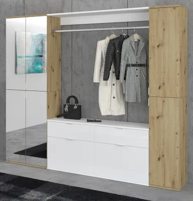 Produktbild von Garderobe Set "Line-Up" Eiche und weiß Hochglanz Garderobenschrank mit Spiegel