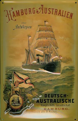 Produktbild von Blechschild Hamburg Australien via Antwerpen Segelschiff Dampfer Schiff Schild Nostalgieschild