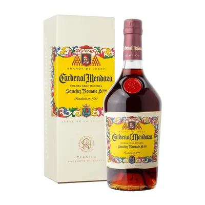 A bottle of Cardenal Mendoza Brandy de Jerez and its packaging are displayed against a white background.