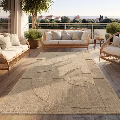 Produktbild von Outdoor Teppich Wetterfest Balkon Wohnzimmer Boho Design Geometrisch Beige Grösse 120x160 cm
