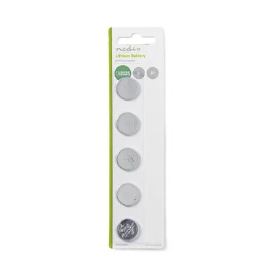 A package of five CR2025 lithium coin cell batteries from Nedis.