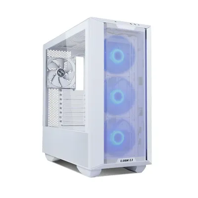 A white Lian-Li computer case with blue RGB fans.