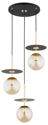 Produktbild von Hängelampe mit bernsteinfarbenen Glaskugeln, Marke QEENCY, Farbe: Schwarz, Fassungen: 3xE14, Leistung: 10W pro Fassung, Material: Metall, Abmessungen: 90x45x45 cm, Schutzart: IP20, Modell: Alfa