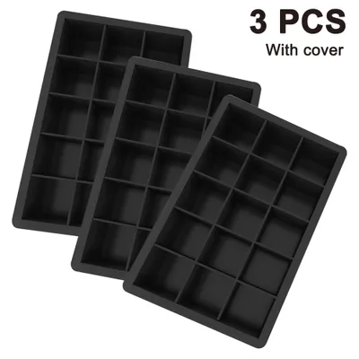 Three black ice cube trays arranged diagonally on a white background with text overlay.