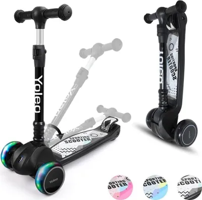 Produktbild von YOLEO Kinderscooter, Dreiradscooter mit LED Räder, 2-Rädern Hinterbremsen, 4 Höhenverstellbare, faltbarer Lenker, für Kinder ab 3 Jahren, Schwarz