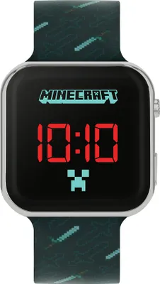 A close-up of a Minecraft-themed digital watch displaying the time.