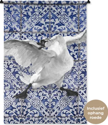 Produktbild von MuchoWow® Wandteppich Wandbehang Schwan - Kunst - Delfter Blau - Malerei - Alte Meister 90x135 cm Tapisserie Dekoration Wandtuch - Baumwolle - Wandskulptur
