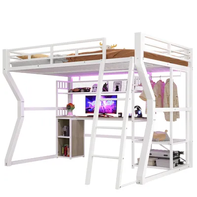 Produktbild von Hochbett mit RGB LED-Streifen, Schreibtisch, Lattenrost, Trittleiter, Kleiderstange, Regal, USB und Type-C, 140x200 cm, Kinderbett mit Rausfallschutz